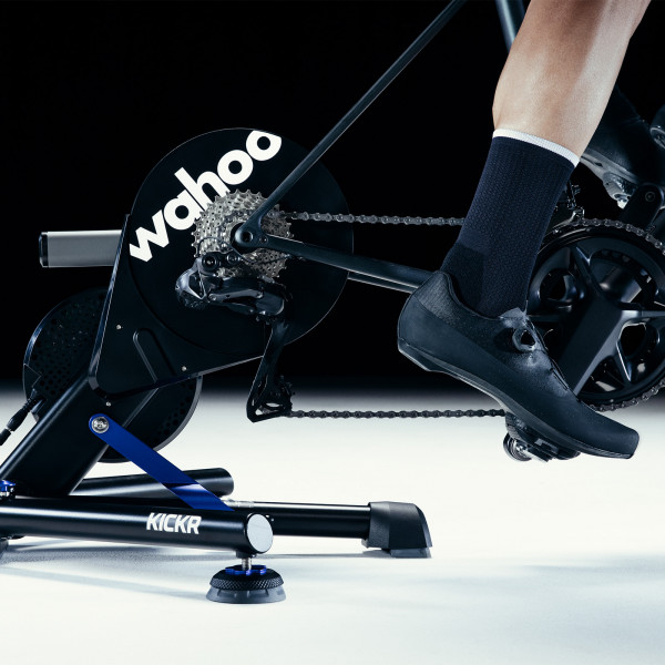 Close-up of the Wahoo KICKR V6 Smart Trainer’s base and motion system.
