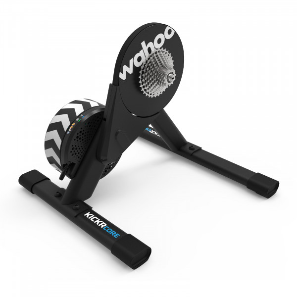 Angled rear view of the Wahoo KICKR CORE 2 trainer with cassette