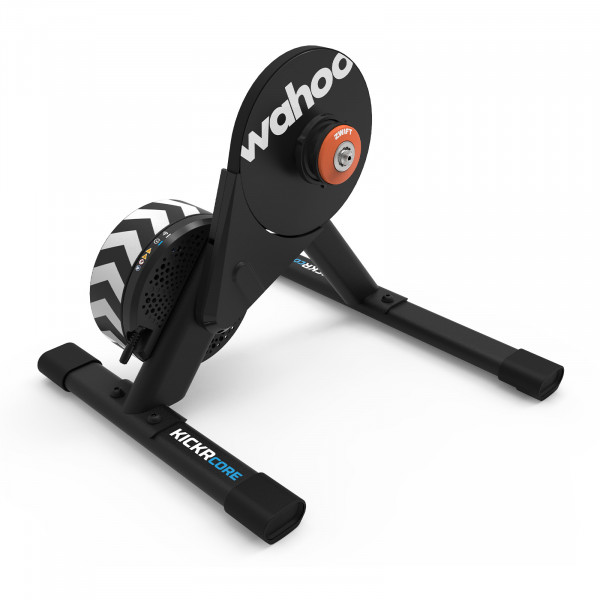 Angled rear view of the Wahoo KICKR CORE 2 with Zwift Cog and Click