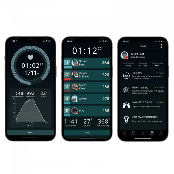 SmartRow app displaying heart rate, race results, and performance metrics