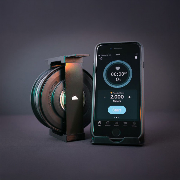 SmartRow device next to phone showing the companion app interface