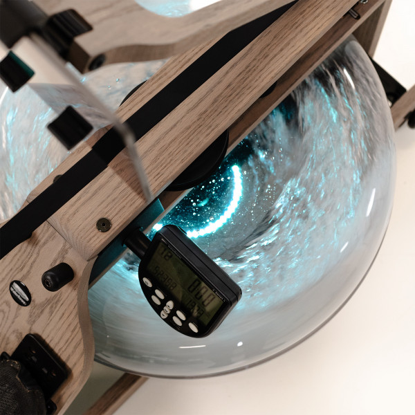 Angled close-up view of the WaterRower LightRing with blue illumination