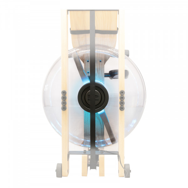 Front view of the WaterRower rowing machine stored upright with the LightRing installed