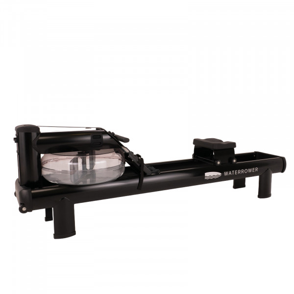 Three-quarter rear view of the WaterRower M1 HiRise Rowing Machine in black