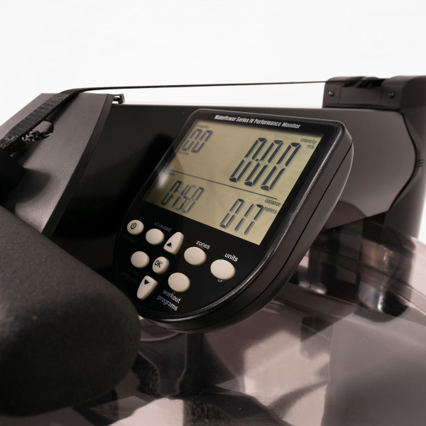 Close-up of the performance monitor on the WaterRower M1 HiRise Rowing Machine
