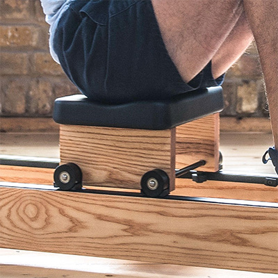 Close-up of the seat and dual rails on the WaterRower Original Series
