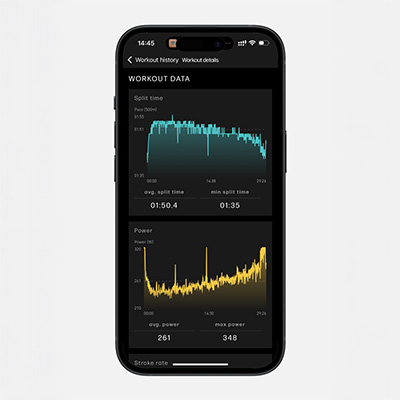 Workout data displayed in the WATERROWER Connect app on smartphone
