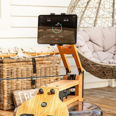 Integrated tablet arm mounted on the WaterRower Performance Rowing Machine