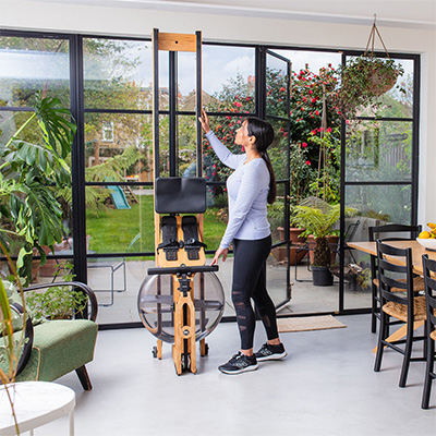 Upright storage position of the WaterRower Performance Rowing Machine