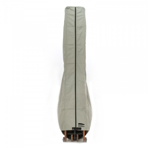 Front view of the WaterRower rowing machine stored upright in a protective cover