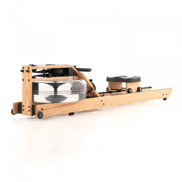 Top-angled view of the WaterRower Pure VR3 Oak Rowing Machine from the back