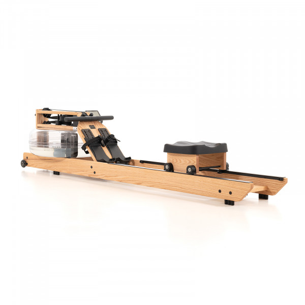 Top-angled view of the WaterRower Pure VR3 Oak Rowing Machine from the left side