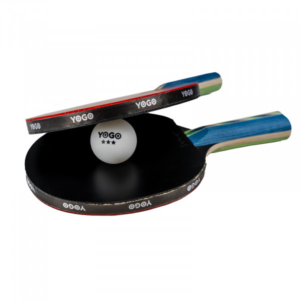 Close-up of the bats and ball from the Yogo Match Table Tennis Bat Set.