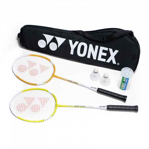 Yonex 2-player badminton set, rackets, shuttlecocks and tube, flat lay