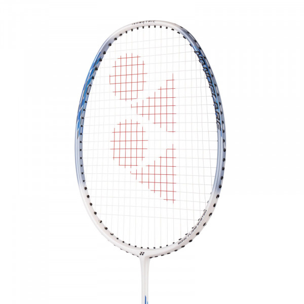 Yonex Nanoflare 001 Clear badminton racket, white and sax blue, close-up
