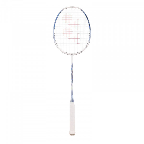 Yonex Nanoflare 001 Clear badminton racket, white and sax blue, front view