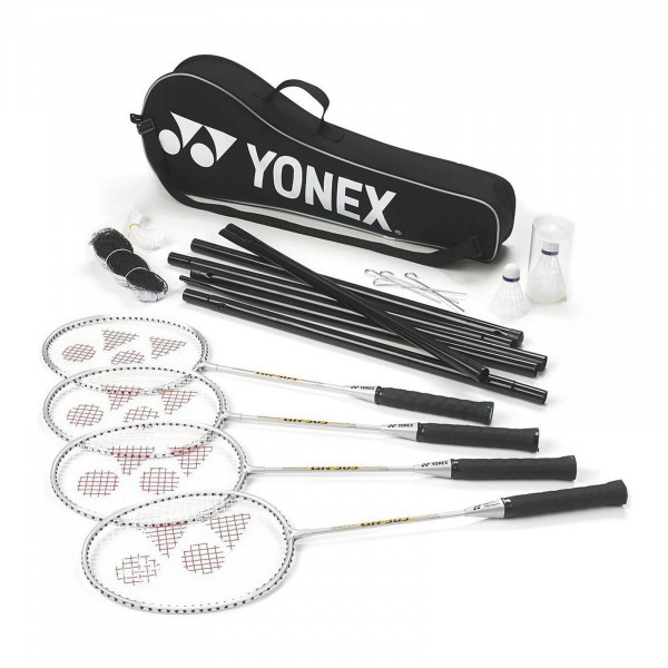 Yonex 4-player badminton set, rackets, net, shuttlecocks and carry case, flat lay